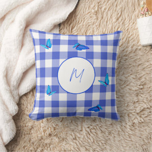 Elegantes Navy-Gingham-Schmetterlings-Monogramm Kissen