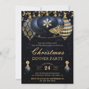Elegantes Navy & Gold Baubles Weihnachtsfest Einladung