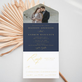 Elegantes Navy-Gold-Foil-Kalligrafie-Foto Hochzeit All-in-One-Einladung