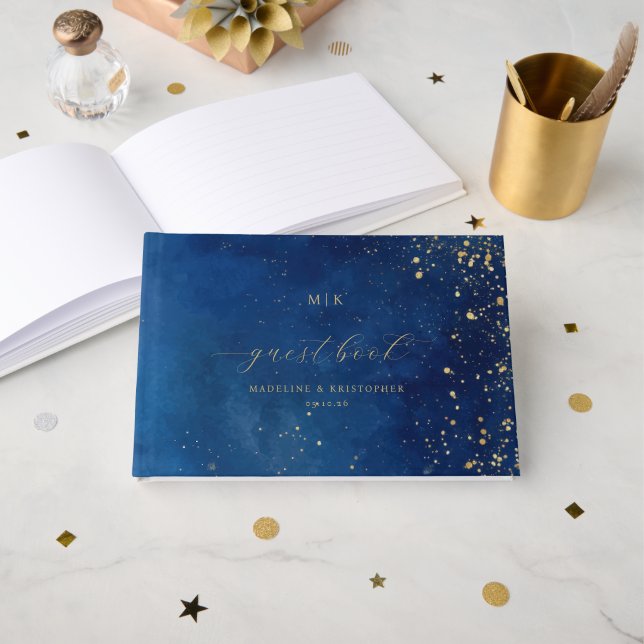 Elegantes Navy-Gold-Pünktchen Gästebuch (Vorderseite Offen)