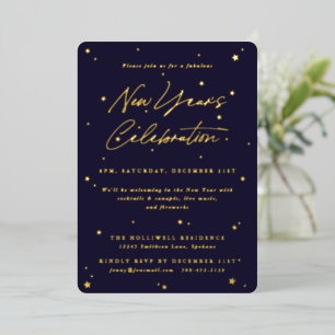 Elegantes Navy+Gold Scattered Stars New Years Part Folieneinladung