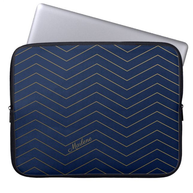 Elegantes Navy-Gold Zickzack Muster mit Individuel Laptopschutzhülle (Vorderseite)