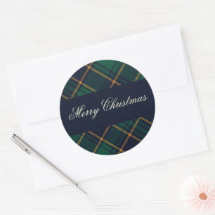 Elegantes Navy-Grün Karo Weihnachten Runder Aufkleber