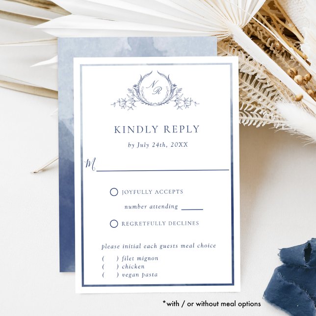Elegantes Navy Monogramm mit Watercolor Wedding RS RSVP Karte (Von Creator hochgeladen)