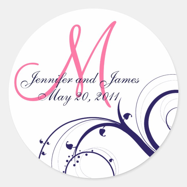 Elegantes Navy Pink Swirl Monogram Wedding Siegel Runder Aufkleber (Vorderseite)