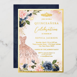 Elegantes Navy-Rosa-Blumen-Diadem-Kleid Quinceaner Folieneinladung