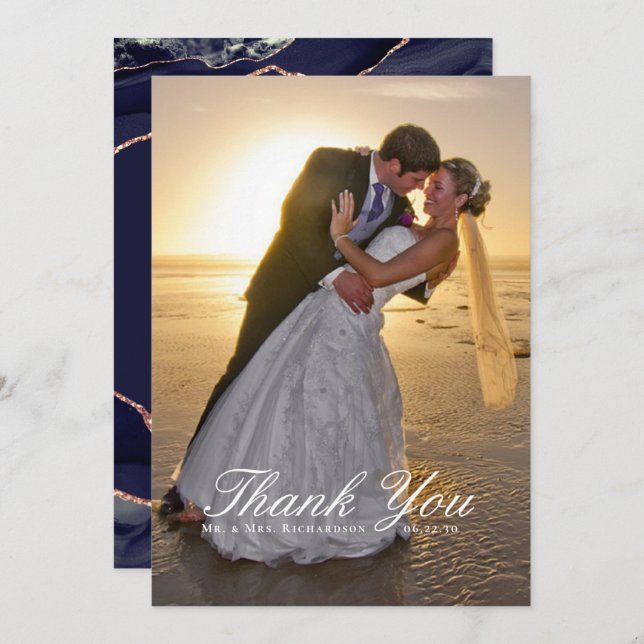 Elegantes Navy Rose Gold Foil Agate Wedding Foto Dankeskarte (Vorne/Hinten)
