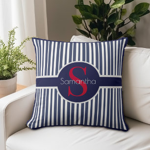 Elegantes Navy-Rot gestreiftes Initial-Monogramm Kissen