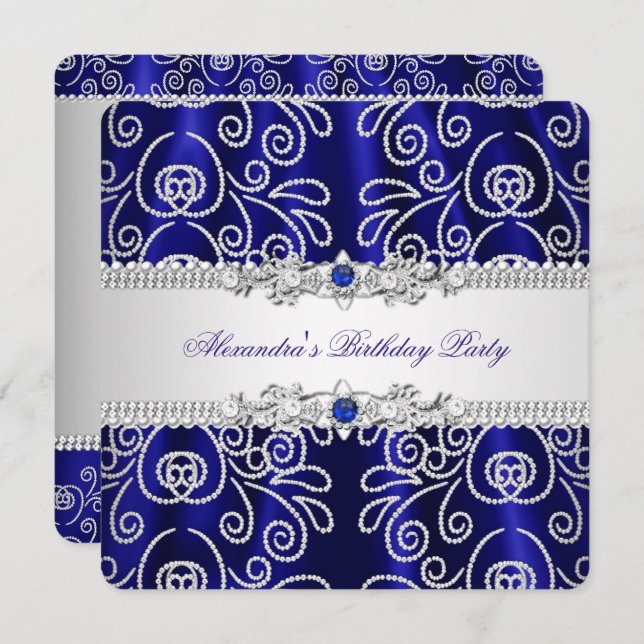 Elegantes Navy Royal Blue Lace Diamond Overlay Par Einladung (Vorne/Hinten)