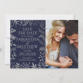 Elegantes Navy & Silver Floral Wedding Foto Save The Date