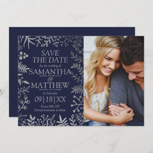 Elegantes Navy & Silver Floral Wedding Foto Save The Date