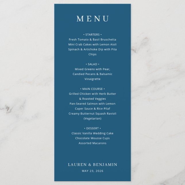 Elegantes Navy-Typografie-Menü Menükarte (Vorderseite)