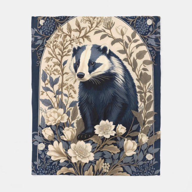 Elegantes Navy- und Creme-Dachs-Blumenmuster Fleecedecke (Vorderseite)