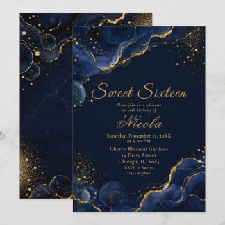 Elegantes Navy- und Gold-Alkohol-Tinte Sweet Sixte Einladung