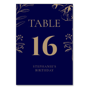 Elegantes Navy- und Gold-Blumen-Geburtstags-Design Tischnummer