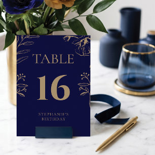 Elegantes Navy- und Gold-Blumen-Geburtstags-Design Tischnummer