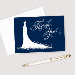 Elegantes Navy- und Weißes Hochzeitskleid Brautpar Dankeskarte