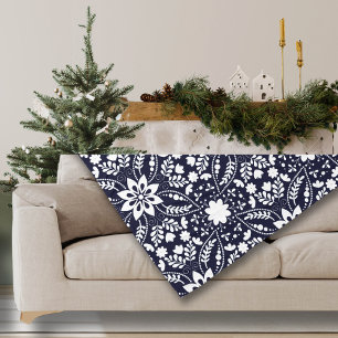 Elegantes Navy- und White Folk Floral Muster Fleecedecke