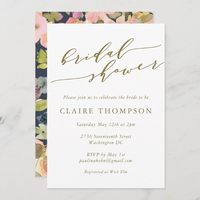Elegantes Navy Watercolor Floral Gold Brautparty Einladung (Vorne/Hinten)