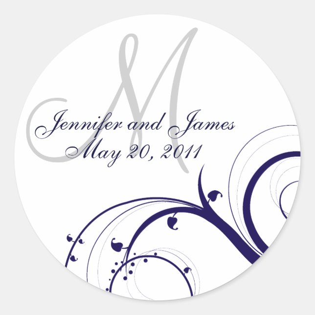 Elegantes Navy White Swirl Monogram Wedding Siegel Runder Aufkleber (Vorderseite)