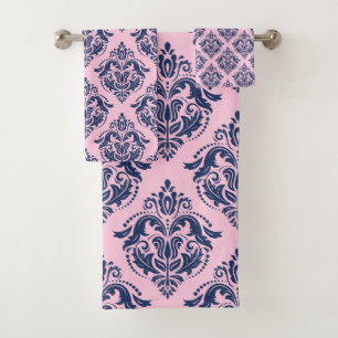 Elegantes Navyblau auf rosa Vintage-Damaskus Badhandtuch Set