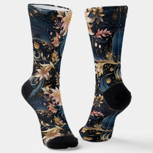 Elegantes Navyblau und Gold Vintage-Blumenmuster Socken