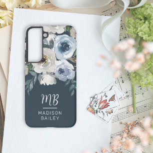 Elegantes navyblaues florales Wasserfarben-Monogra Samsung Galaxy Hülle