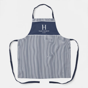 Elegantes navyblaues Streifenmonogramm Name Schürze