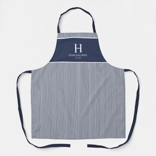 Elegantes navyblaues Streifenmonogramm Name Schürze (Vorderseite)