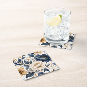 Elegantes navyblaues und cremefarbenes Blumenmuste Rechteckiger Pappuntersetzer