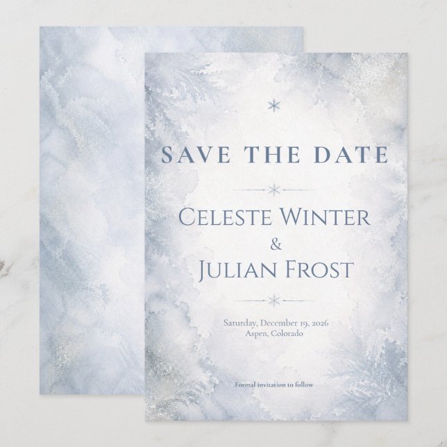 Elegantes nebelblaues Winterfrost-Timeless  Save The Date (Vorne/Hinten)