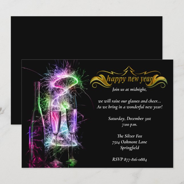 Elegantes Neon Champagne Silvester Party Einladung (Vorne/Hinten)