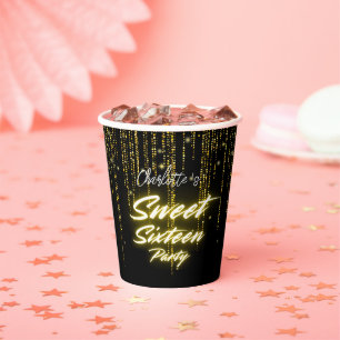 Elegantes Neon Gold Schwarzes Retro Sweet 16. Gebu Pappbecher