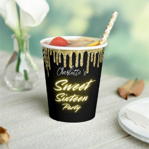 Elegantes Neon Gold Schwarzes Retro Sweet 16. Gebu Pappbecher