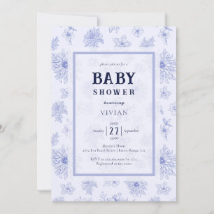 Elegantes neutrales blaues Blumenmuster-Baby-Party Einladung