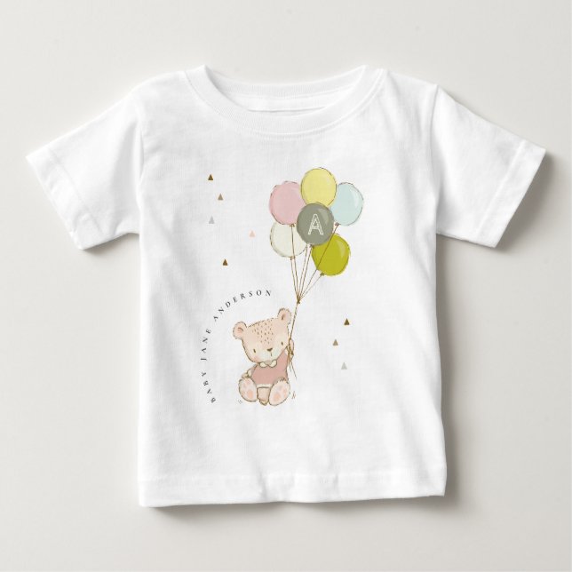 Elegantes Niedlich Blush Bärenballon Girly Monogra Baby T-shirt (Vorderseite)