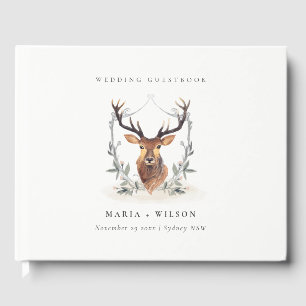 Elegantes Niedliches Dusky Deer Floral Wappen Hoch Gästebuch