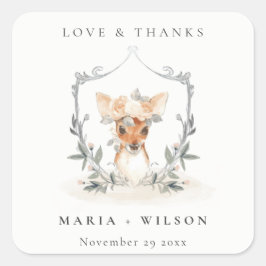 Elegantes Niedliches Dusky Deer Floral Wappen Hoch Quadratischer Aufkleber