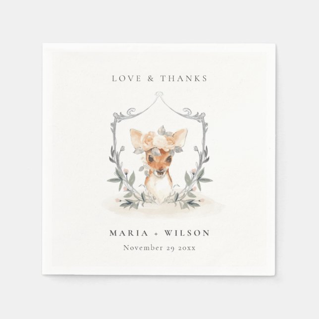 Elegantes Niedliches Dusky Deer Floral Wappen Hoch Serviette (Vorderseite)