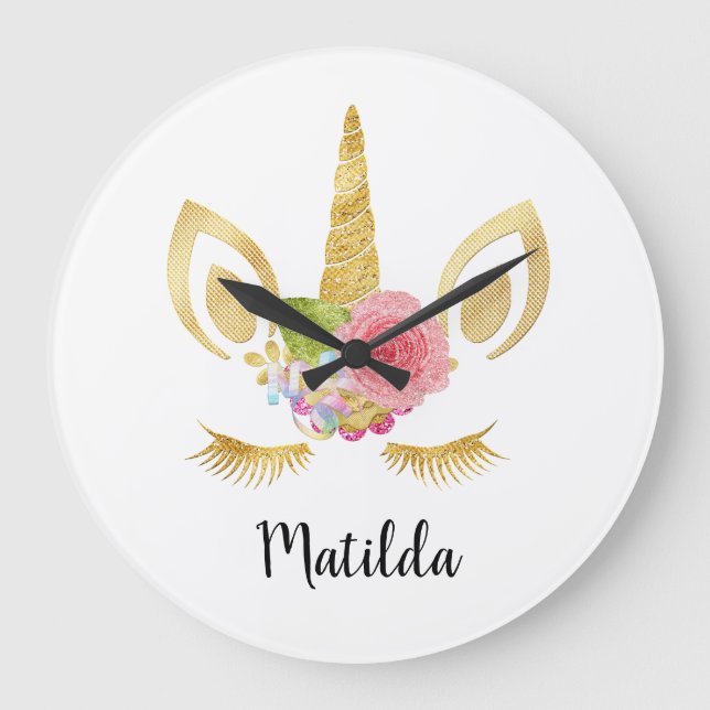 Elegantes niedliches hübsches Blumengold Glitzer U Große Wanduhr (Vorderseite)