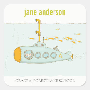 Elegantes Niedliches U-Boot-Kids-Monogramm Quadratischer Aufkleber