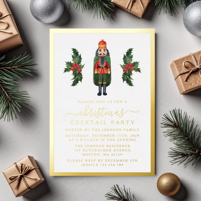 Elegantes Nutcracker Weihnachtscocktail Party Gold Folieneinladung (Elegant Nutcracker Christmas Cocktail Party Gold Foil Invitation)