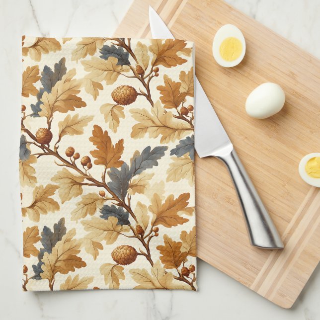 Elegantes Oak Leaf & Pinecone Herbstmuster Geschirrtuch (Viertel Falte)