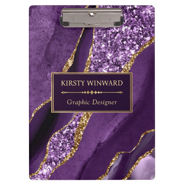 Elegantes Ocean Agate mit Lila und Gold Glitzer Klemmbrett (Vorderseite)