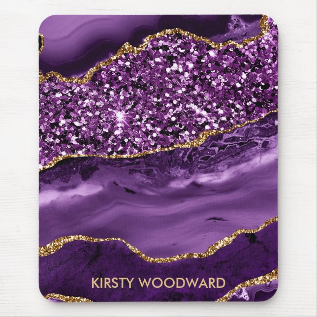 Elegantes Ocean Agate mit Lila und Gold Glitzer Mousepad (Vorne)