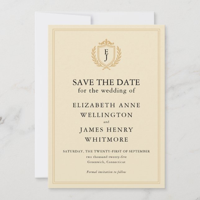 Elegantes Old Money Wappen - Hochzeit von Elfenbei Save The Date (Vorderseite)