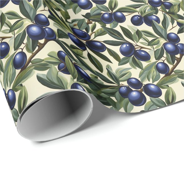 Elegantes Olive Branch Muster mit Deep Blue Olives Geschenkpapier (Rolleneckpunkt)