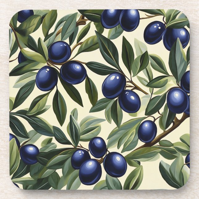 Elegantes Olive Branch Muster mit Deep Blue Olives Getränkeuntersetzer (Vorderseite)