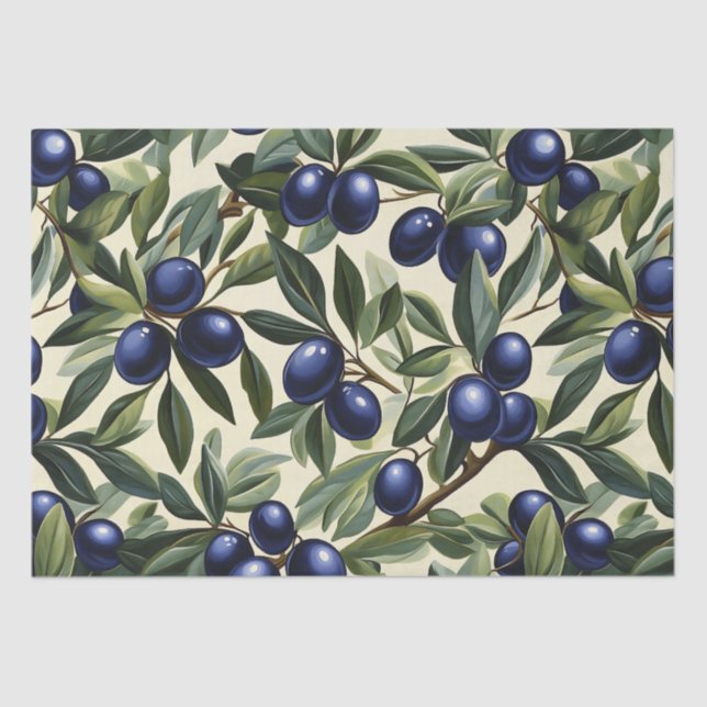 Elegantes Olive Branch Muster mit Deep Blue Olives Seidenpapier (Vorderseite)