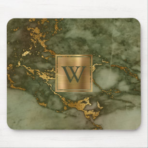 Elegantes Olive Green Marble Gold Monogramm Mousepad